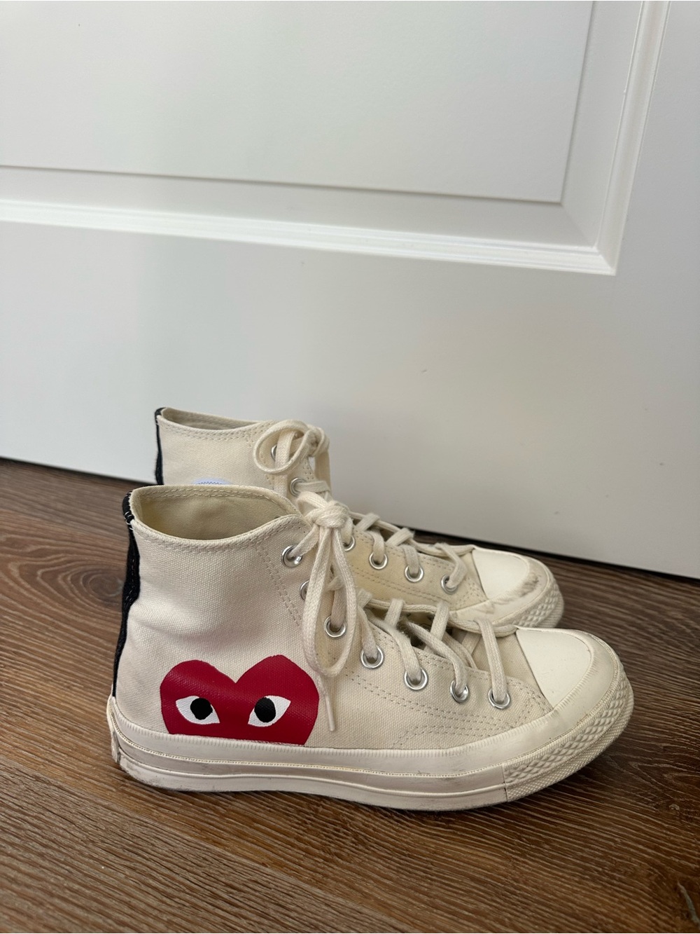 Comme des Garcons PLAY Cream High-Top Canvas Sneaker with Red Heart Logo - Picture 4 of 8